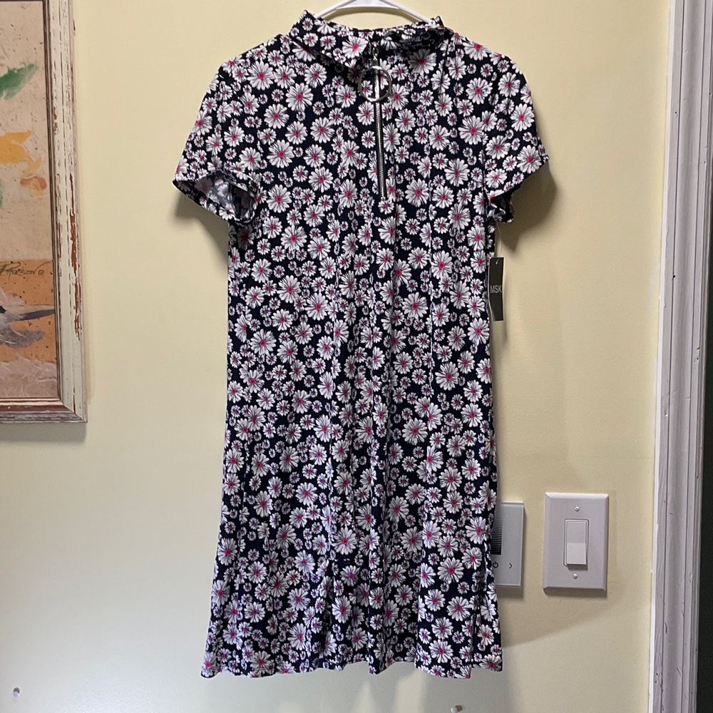 MSK Black Dress with White and Pink Floral Pattern